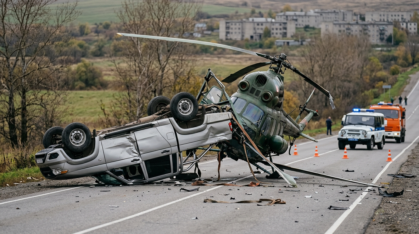 Pick-up truck overturns trying to carry military chopper in Russia
